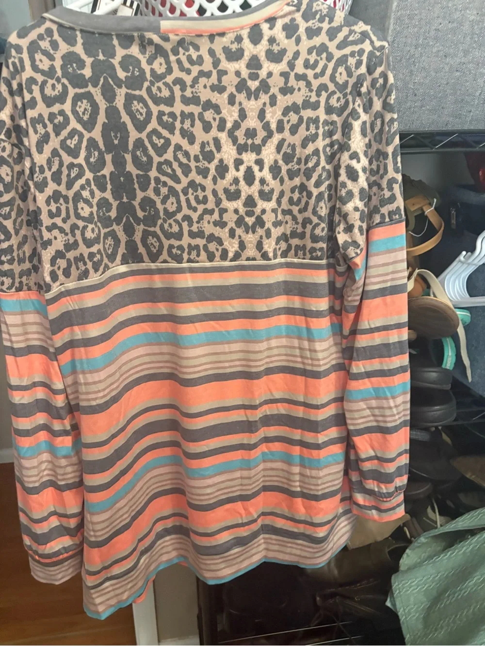 Ladies new Striped & Leopard Print Long Sleeve Pullover - Coral/Turquoise/Gray